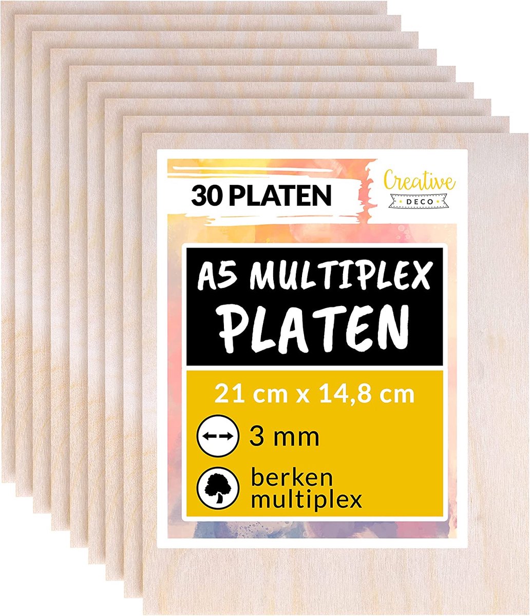 Creative Deco 30 x A5 Multiplex Platen 3mm | 148 x 210 x 3 mm | Berkenhout | Perfect voor Pyrografie, Lasersnijden, CNC, Fretwerk